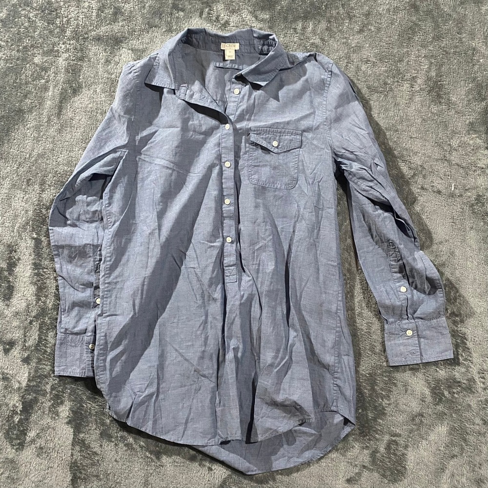 J.Crew Womens Blue Cotton Chambray Long Sleeve Roll Tab Tunic Shirt Size M